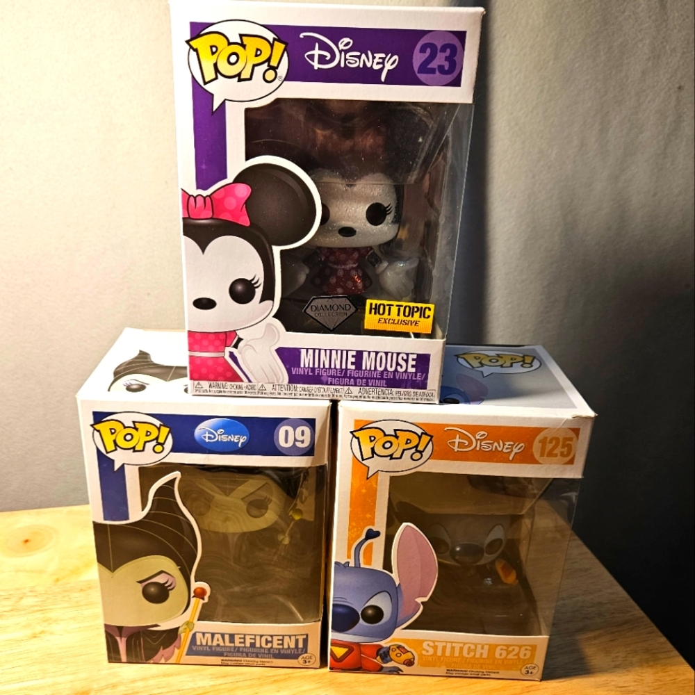 Disney Funko Pop Lot (3) 23 Diamond Minnie Mouse 09 Maleficent 125 Stitch 626